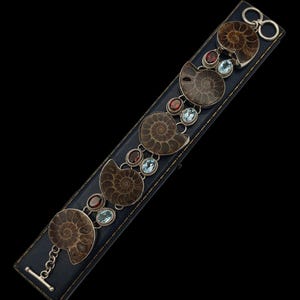 May include: A silver bracelet featuring fossilized ammonite shells, red and blue gemstones, and a dark blue leather band. The bracelet has a T-bar clasp and a series of linked silver rings for closure. The ammonite shells are brown with intricate spiral patterns.