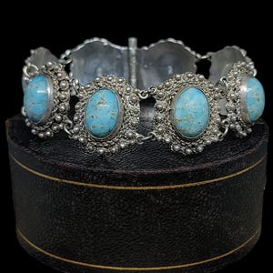 &quot;Schönes antikes circa 1940s dekoratives geschickt gefertigtes Statement Design Wirework Keramik Türkis High Grade 950 Silber Armband - 17,8 cm