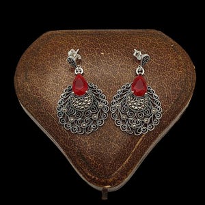 Beautiful Modern Skillfully Crafted Decorative Floral Art Deco Inspired Sparkling Pear Cut Simulated Ruby Marcasite Sterling Silver Earrings