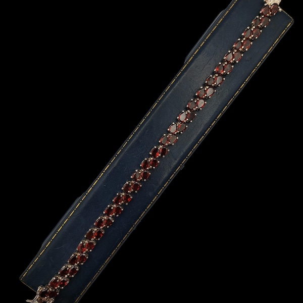 Beautiful Modern London Hallmarked Skillfully Crafted Sparkling Natural Gemstone Garnet Sterling Silver Tennis Bracelet - lgth 7.5"