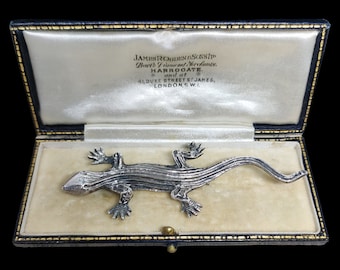 Stunning Antique Vintage Circa 1940s Art Deco Decorative Animalistic Solid Sterling Silver Lizard Salamander Brooch - lgth 85mm