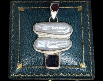 Beautiful Vintage Decorative Statement Design Uni Multi Gemstone Natural Amethyst Garnet Pearl Sterling Silver Necklace Pendant - 45mm