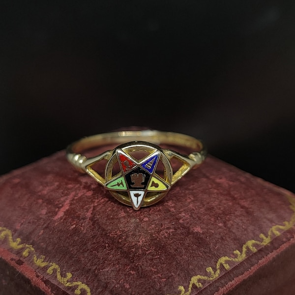 Beautiful Vintage Birmingham 1992 Hallmarked Decorative Order Of The Eastern Star Enamel Star 9ct Yellow Gold Masonic Signet Ring - siz M1/2