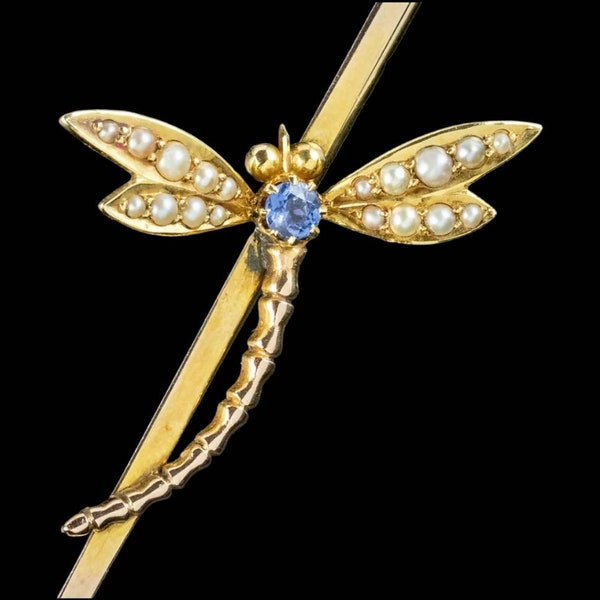 Beautiful Antique Victorian Circa 1900 Decorative Animalistic Natural Sapphire Pearl Gemstone Dragonfly 9ct Yellow Gold Brooch - lgth 67mm