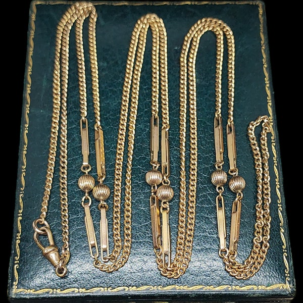 Wunderschöne antike, spätviktorianische, europäische Herkunft, dekorative Stationsglieder-Halskette mit Hundeclip-Verschluss, Vermeil-Gold-Filled-Long-Guard-Muff-Kettenhalskette