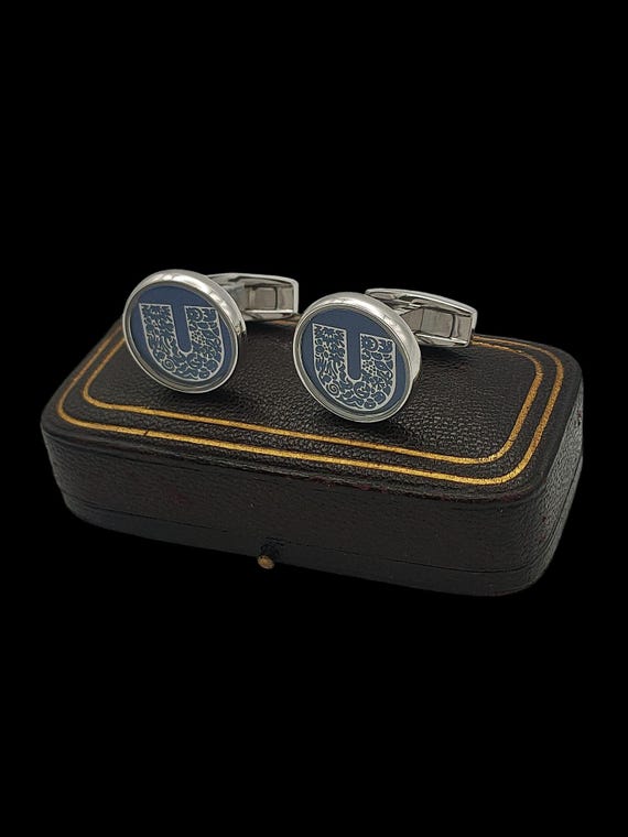 Boutons De Manchette Vintage Argentés Avec émail Bleu - écusson, En écrin LINDOR, Parfait état