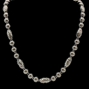 Beautiful Vintage Skillfully Crafted Decorative Statement Design Diamond Etched Patterned Heavy Sterling Silver Silver Ball Necklace - 22&quot;