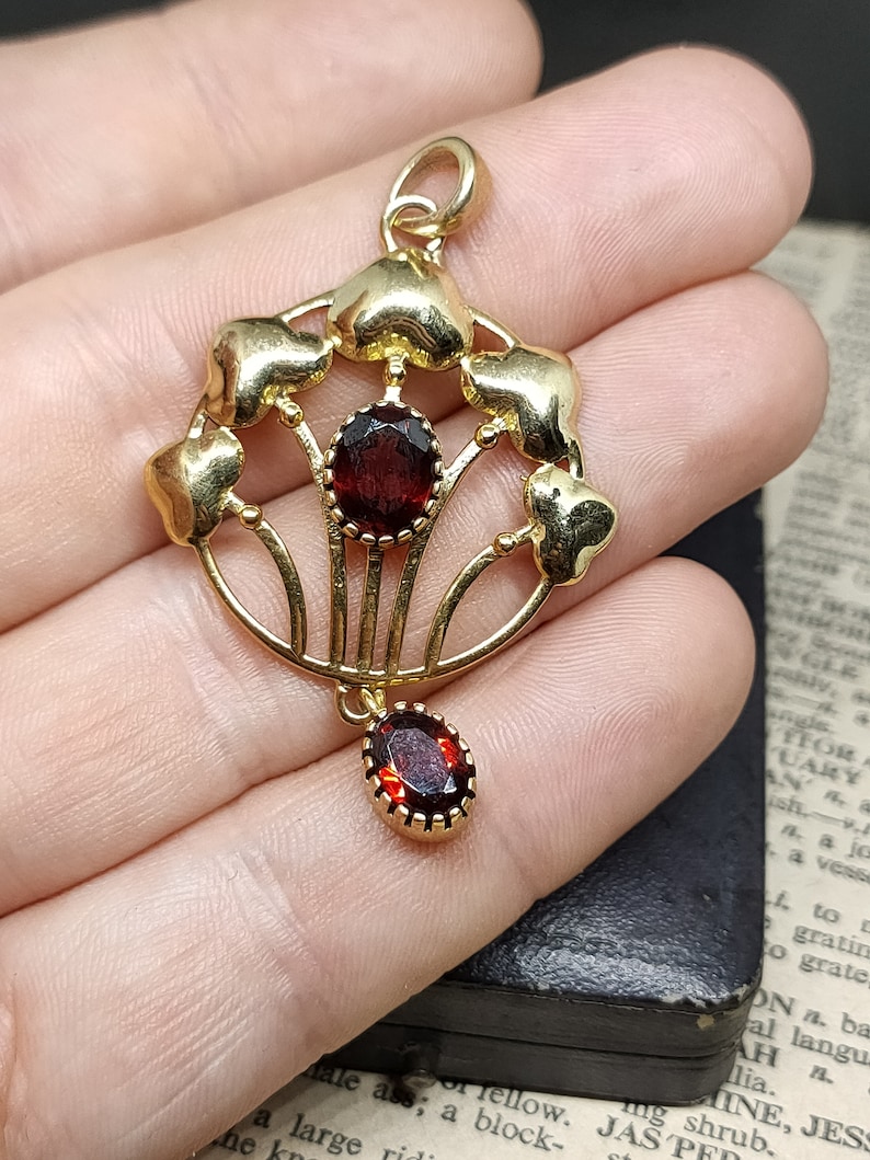 Beautiful Vintage Edwardian Antique Floral Inspired Art Nouveau Style Natural Garnet Gold Vermeil Sterling Silver Necklace Pendant 55mm image 6