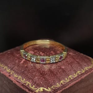 Beautiful Vintage 20th Century Skillfully Crafted Decorative Stackable Half Eternity Natural Diamond Ruby Gemstone 18ct Yellow Gold Ring