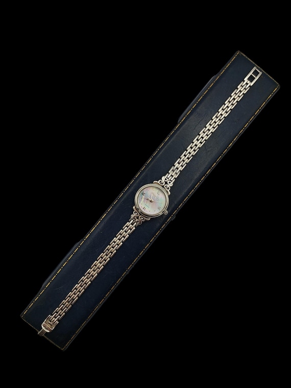 Beautiful British Hallmarked Skillfully Crafted Prestige Time Japanese Quartz Movement Mother Of Pearl Dial Sterling Silver Watch - lgth 7"