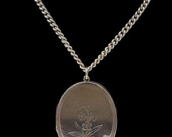 Schöne antike viktorianische Circa 1890-1900 Gekonnt gearbeitete ästhetische Bewegung Blumen geätzte Sterlingsilber-Medaillon-Halskette - lgth 25,5 "
