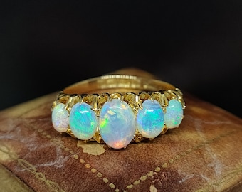 Amazing Antique Edwardian Birmingham 1909 Hallmarked Decorative Five Stone Natural Cabochon Opal 18ct Yellow Gold Ring - size L