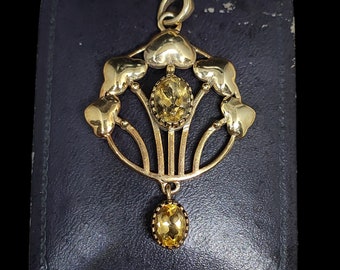 Beautiful Vintage Edwardian Antique Floral Inspired Art Nouveau Style Natural Citrine Gold Vermeil Sterling Silver Necklace Pendant - 55mm