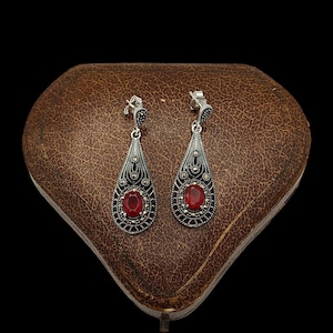 Beautiful Modern Skillfully Crafted Decorative Floral Art Deco Inspired Sparkling Simulated Ruby Marcasite Sterling Silver Earrings - 42mm