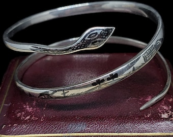Beautiful Antique Art Deco Circa 1930s Egyptian Revival Niello Design Sterling Silver Snake Bangle - lgth 7.5"