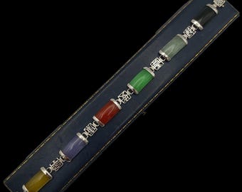 Beautiful Modern Skillfully Crafted Chinese Vibrant Multicoloured Rainbow Gemstone Jade Sterling Silver Bracelet - lgth 7.25"