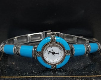 Stunning Modern Preloved Art Deco Inspired Vibrant Turquoise Enamel Marcasite Sterling Silver Quartz Wrist Watch - lgth 7"