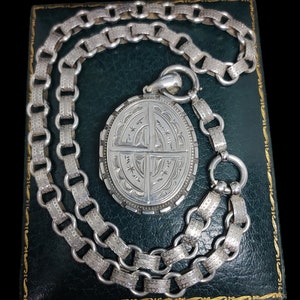 Beautiful Antique Victorian Circa 1880 Decorative Unique Etched Solid Sterling Silver Book Chain Collar Locket Necklace - lgth 18"