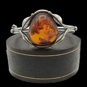 Beautiful Vintage Art Nouveau Inspired Decorative Floral Design Large Natural Gemstone Amber Sterling Silver Bangle - lgth 6.5&quot;