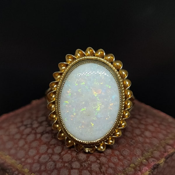 Beautiful Vintage Birmingham 1974 Hallmarked Decorative Scrolling Bezel Set Large Oval Cut Cabochon Opal 9ct Yellow Gold Ring - size P