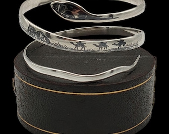 Amazing Antique Circa 1930s Art Deco Skillfully Crafted Statement Design Egyptian Revival Niello Sterling Silver Snake Bangle - lgth 8"