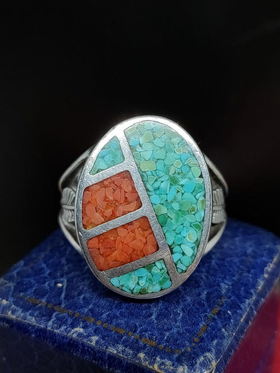 Amazing Vintage Native American Navajo Blue Gem Turquoise & Coral Sterling Silver Ring Amazing Vintage Native American Navajo Blue Gem Turquoise & Coral Sterling Silver Ring