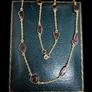Beautiful Modern Handmade Unique Antique Inspired Natural Rough Cut Garnet Gemstone Set Gold Vermeil Sterling Silver Guard Chain Necklace