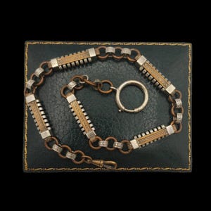 Beautiful Antique Victorian / Edwardian Circa 1900 Skillfully Crafted Decorative Florally Etched Unique Link Duel Tone Albert Chain Bracelet
