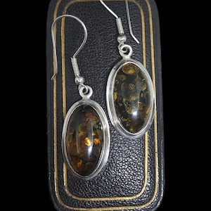 Beautiful Vintage Unique Decorative Statement Design Large Oval Cabochon Natural Green Amber Gemstone Sterling Silver Earrings - lgth 55mm