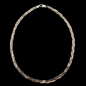 Beautiful Vintage Skillfilly Italian Crafted Decorative Statement Design Tri Tone Plaited Herringbone Link Sterling Silver Chain Necklace