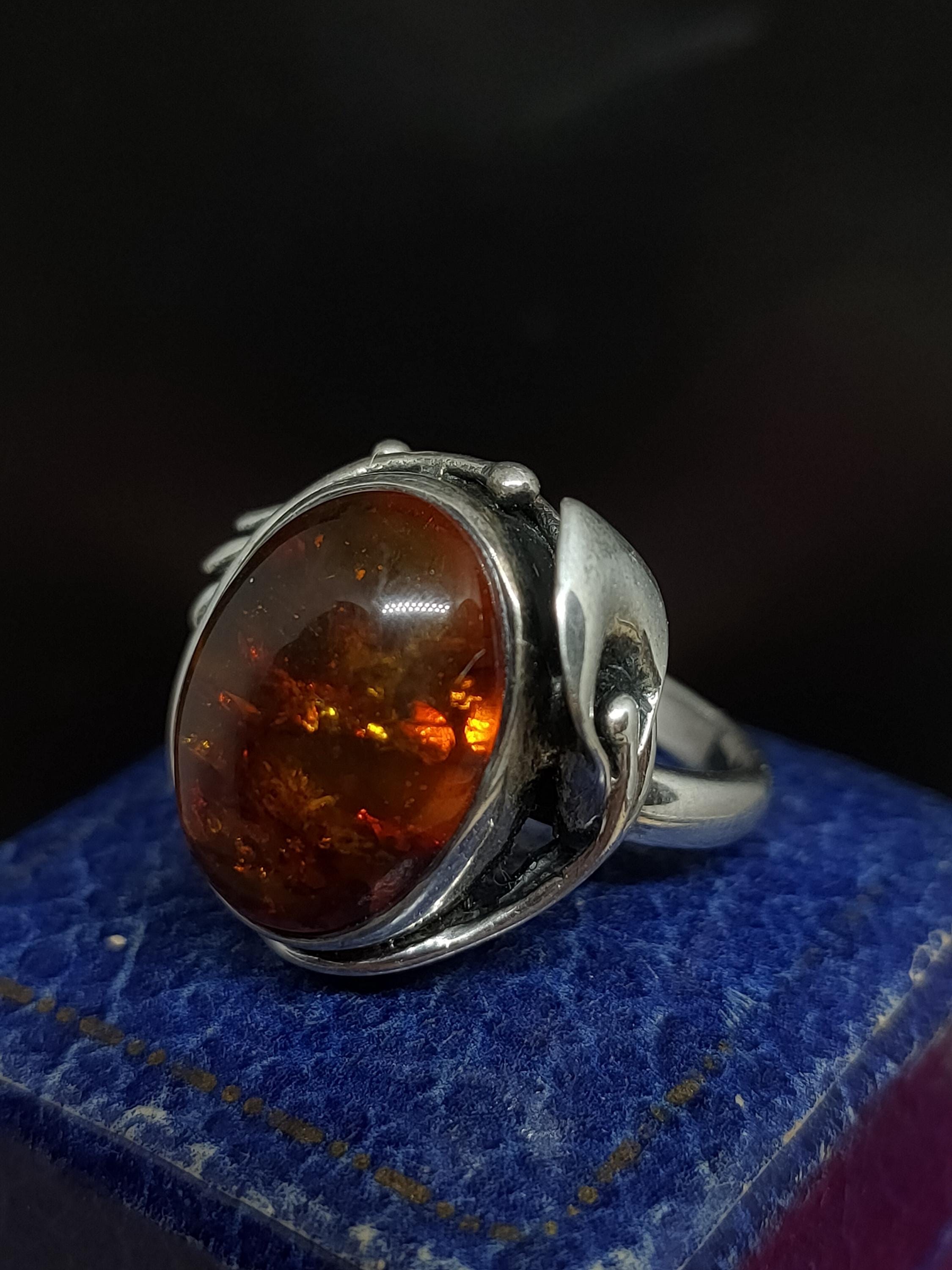 BAGUE ANCIENNE ARGENT MASSIF Avec Cabochon AMBRE - Taille 57 (équiv. ~55) - Vintage