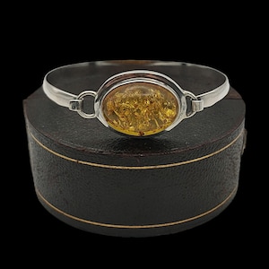 Beautiful Vintage Skillfully Polish Crafted Statement Design Decorative Cabochon Bezel Set Natural Amber Sterling Silver Bangle - lgth 7&quot;
