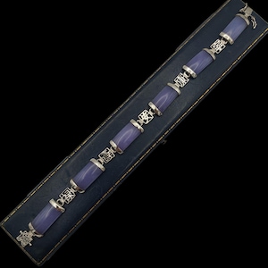 Beau bracelet décoratif vintage en argent sterling avec jade violet et pierres précieuses vibrantes chinoises - lg 7,25&quot;