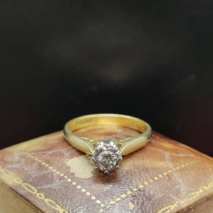 Stunning Vintage Birmingham 1978 Hallmarked Art Deco Inspired Illusion Set Solitaire 0.12 Carat Diamond 18ct Yellow Gold Engagement Ring