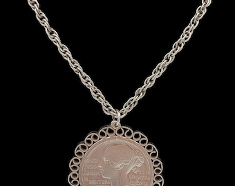Sterling Silver 1864-1913 Peruvian Coin Necklace 17”, Vintage