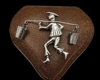 Beautiful Vintage Skillfully Mexican Crafted Statement Design Unique Heavy Weight Sterling Silver Man Carrying Water Buckets Brooch