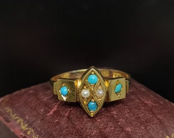 Stunning Antique Victorian Edwardian Circa 1900 Decorative Navette Natural Pearl Turquoise 15ct Yellow Gold Ring - size N1/2