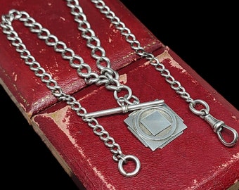 Beautiful Antique Art Deco Era 1930s Hallmarked Decorative Unique Plain Cartoche Fob Dogclip Sterling Silver Albert Chain Necklace -  17"