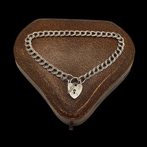 &quot;Schönes Vintage Birmingham 1984 Hallmarked Dekoratives Herz Vorhängeschloss Doppel Panzer Link Sterling Silber Armband - lgth 18&quot;