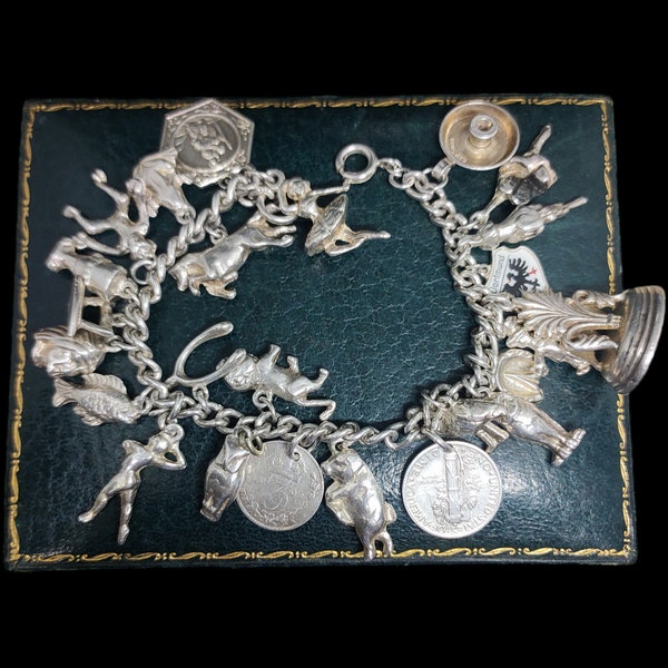 Beautiful Antique Vintage Midcentury Decorative Heavy Weight 82 Gram Unique Multi Charm Sterling Silver Charm Bracelet - lgth 7.5"