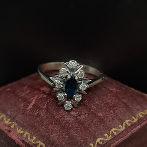 Beautiful Vintage Circa 1970s Decorative Floral Inspired Natural Gemstone Marquise Navette Sapphire Diamond Cluster 18ct White Gold Ring - J