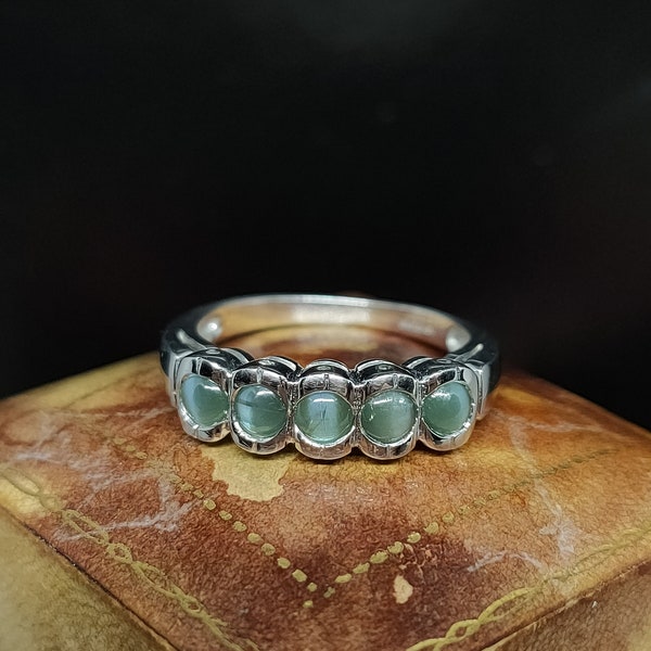 Beautiful Modern Birmingham 2006 Hallmarked Stackable Five Stone Natural Cats Eye Chrysoberyl Gemstone 9ct White Gold Ring - size N1/2