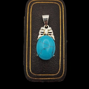 Beautiful Modern Skillfully Crafted Decorative Statement Oval Cut Cabochon Vibrant Blue Turquoise Sterling Silver Necklace Pendant - 39mm