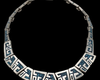 Geweldige vintage statement vakkundig vervaardigde Cecilia Tono Azteeks Mexicaans ontwerp met natuurlijke turkoois ingelegde sterlingzilveren ketting - 15,5" g