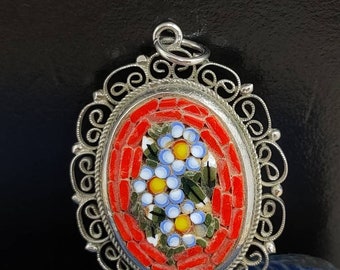 Beautiful Antique Art Deco Circa 1940s Italian Made Grand Tour Millefiori Style Floral Bouquet Micro Mosaic Silver Necklace Pendant - 45mm