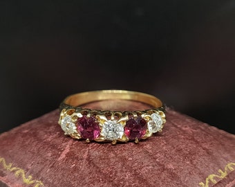 Stunning Antique Victorian Era Stackable Five Stone Natural 0.35 Carat Diamond Ruby 18ct Yellow Gold Ring - size L