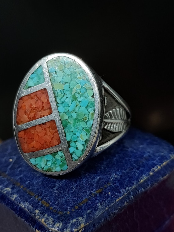 Amazing Vintage Native American Navajo Turquoise Coral Sterling Silver Inlay Ring Amazing Vintage Native American Navajo Turquoise Coral Sterling Silver Inlay Ring