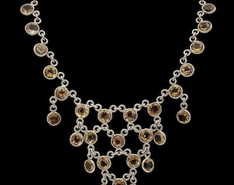 Beautiful Vintage Skillfully Crafted Decorative Statement Design Sparkling Natural Gemstone Citrine Sterling Silver Necklace - lgth 21"