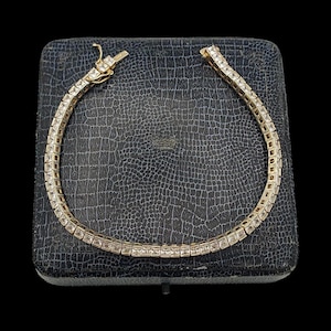 Beautiful Modern Sheffield Hallmarked Decorative Sparkling Square Cut Cubic Zirconia Yellow Gold Vermeil Sterling Silver Tennis Bracelet