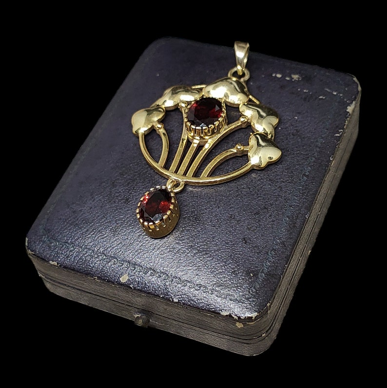 Beautiful Vintage Edwardian Antique Floral Inspired Art Nouveau Style Natural Garnet Gold Vermeil Sterling Silver Necklace Pendant 55mm image 3